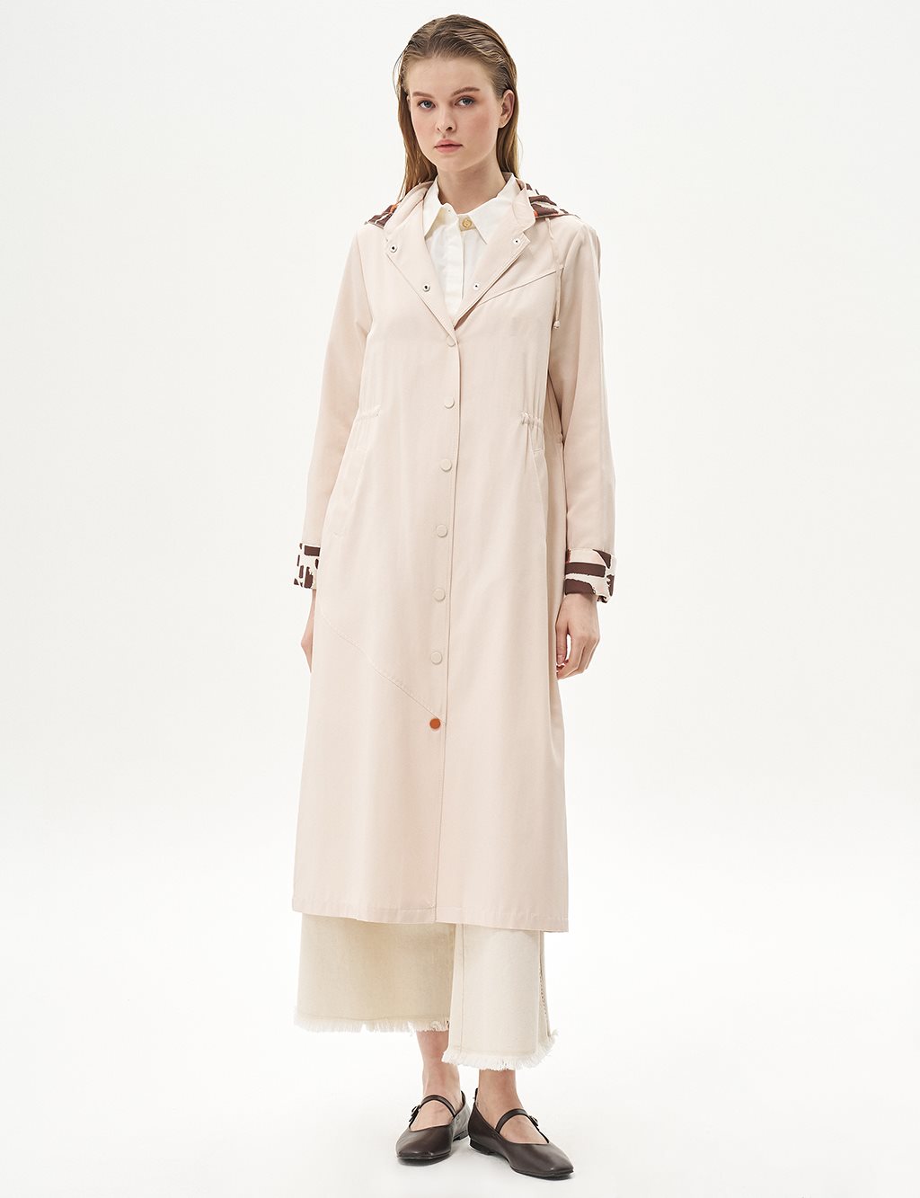 Fabric Mixed Snap Closure Coat Light Cream