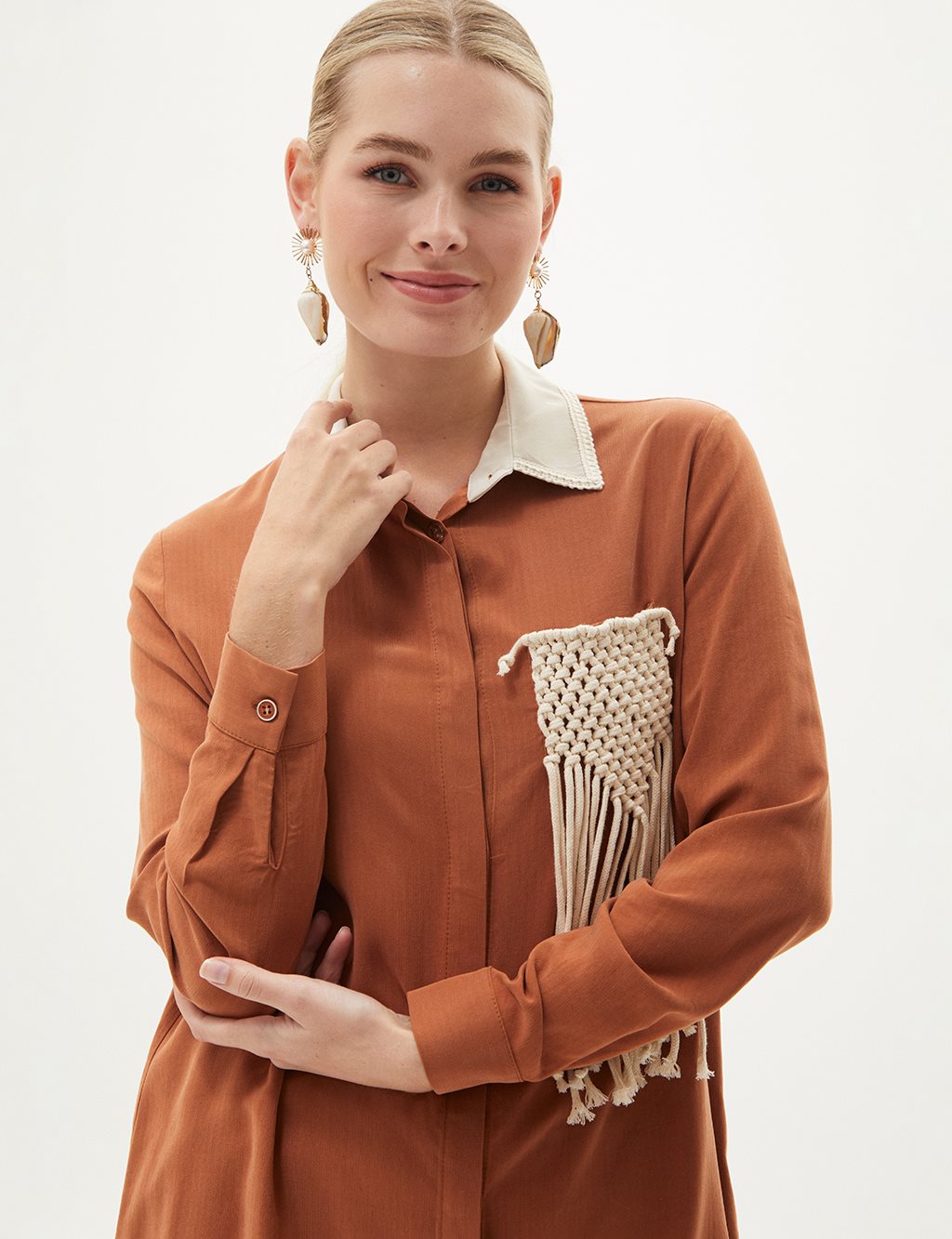 Macramé Detail Natural Fabric Tunic Biscuit