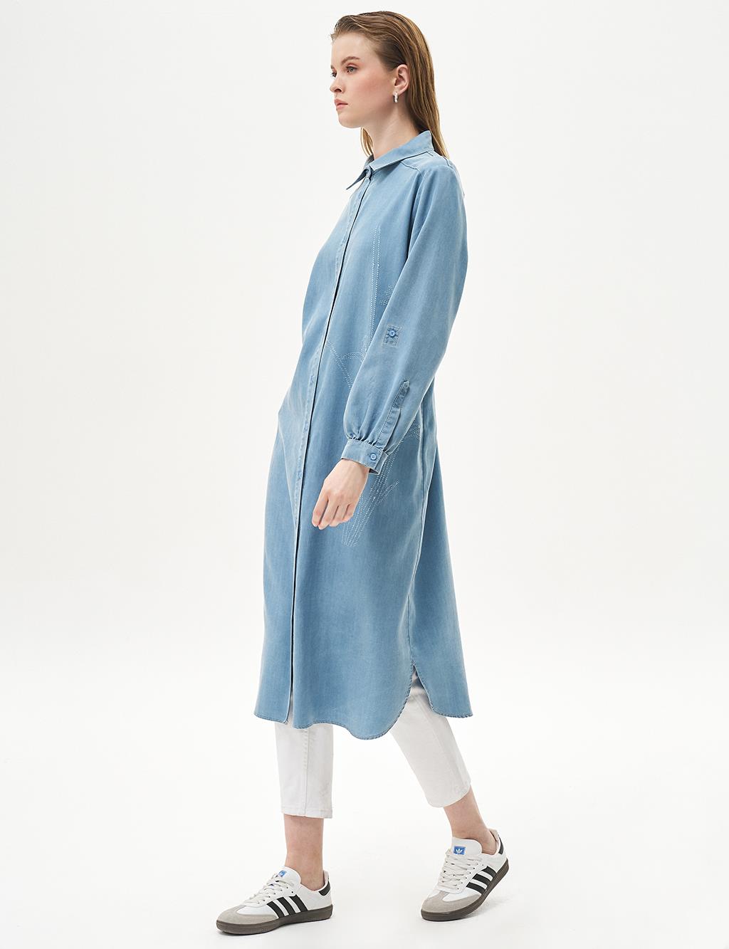 Laser Embroidered Lyocell Tunic Blue