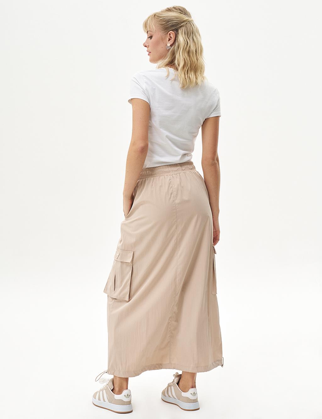 Cargo Pocket Elastic Waist Skirt Beige