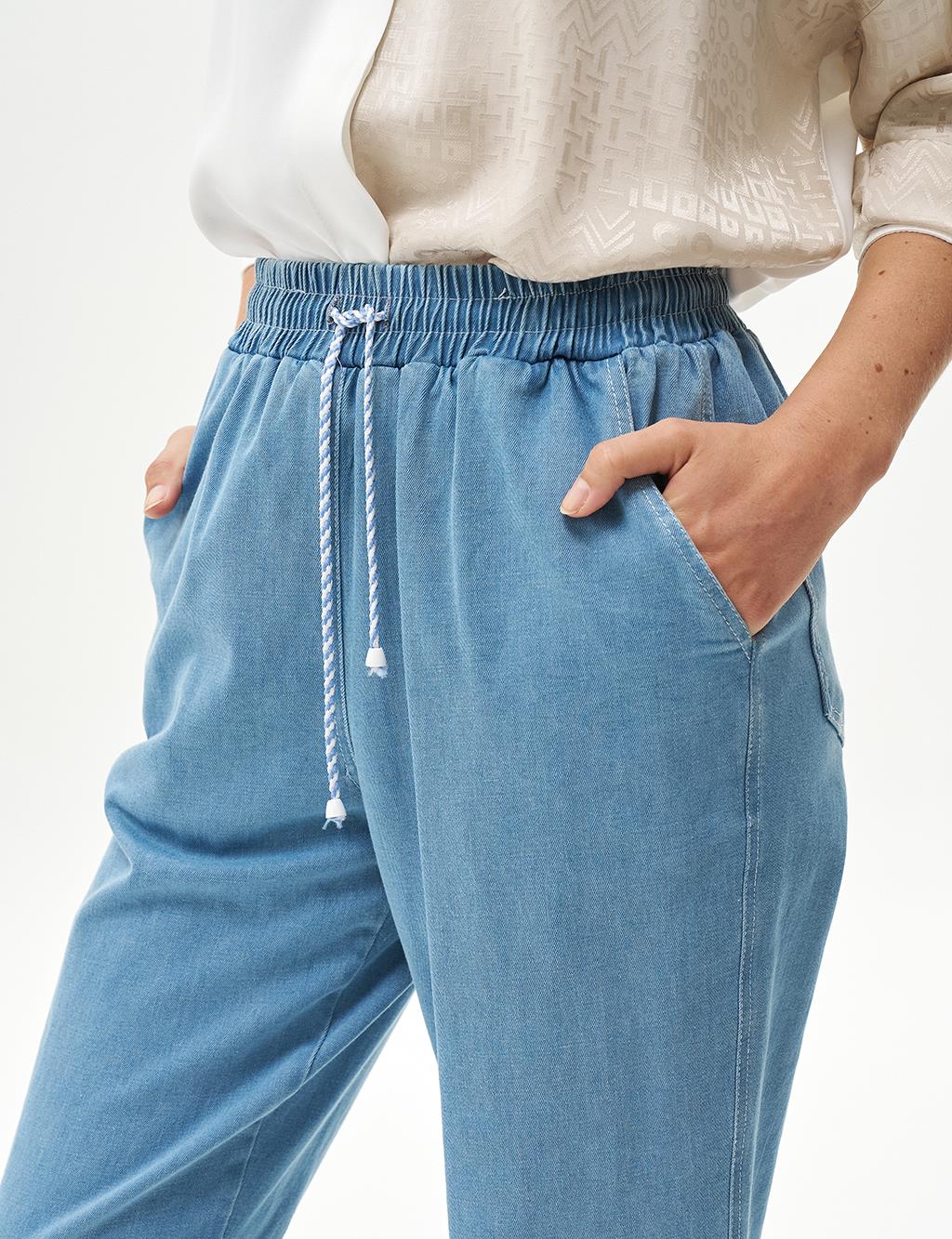 Elastic Waist Denim Trousers Blue