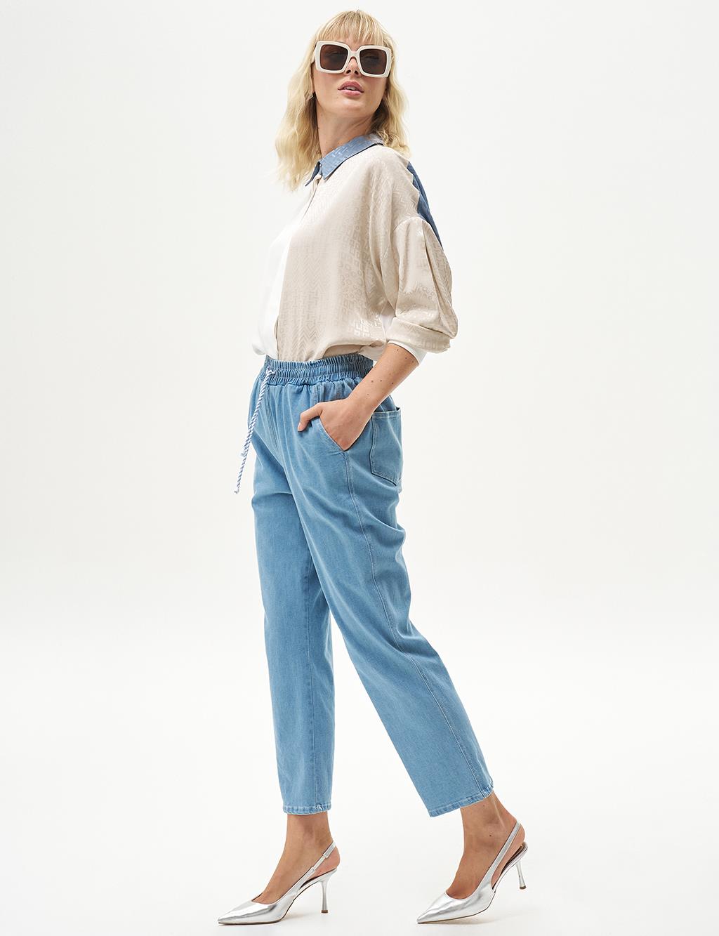 Elastic Waist Denim Trousers Blue