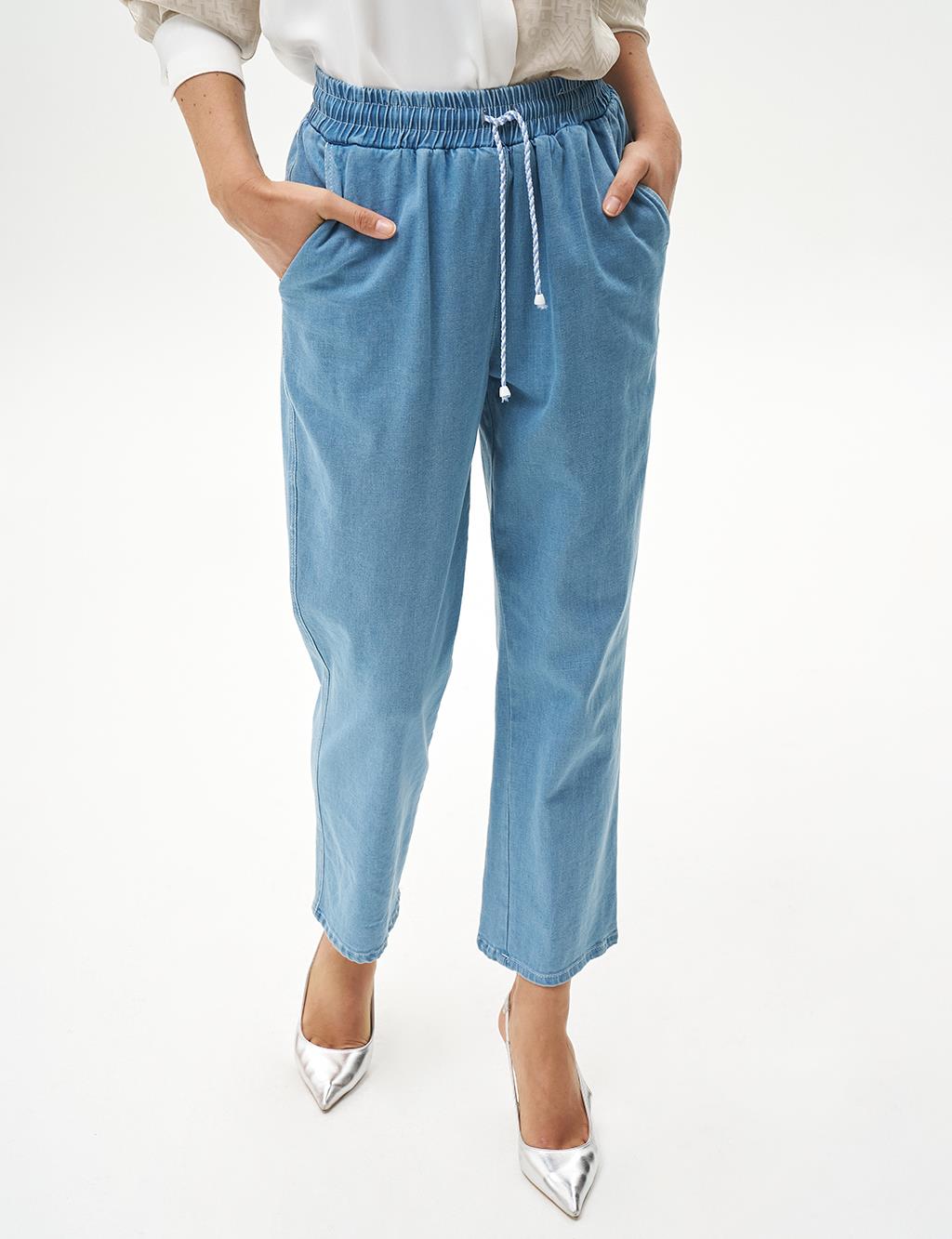 Elastic Waist Denim Trousers Blue