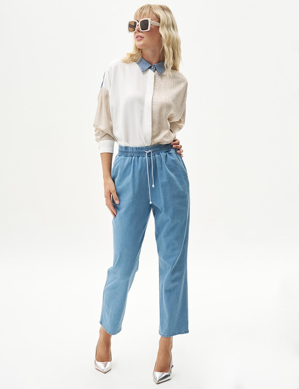Elastic Waist Denim Trousers Blue