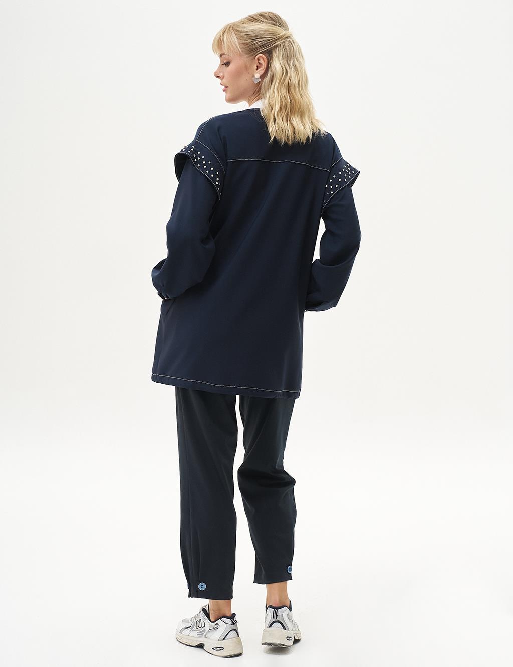 Ruffled Sleeve Stone Embellished Collegiate Jacket Dark Navy Blue