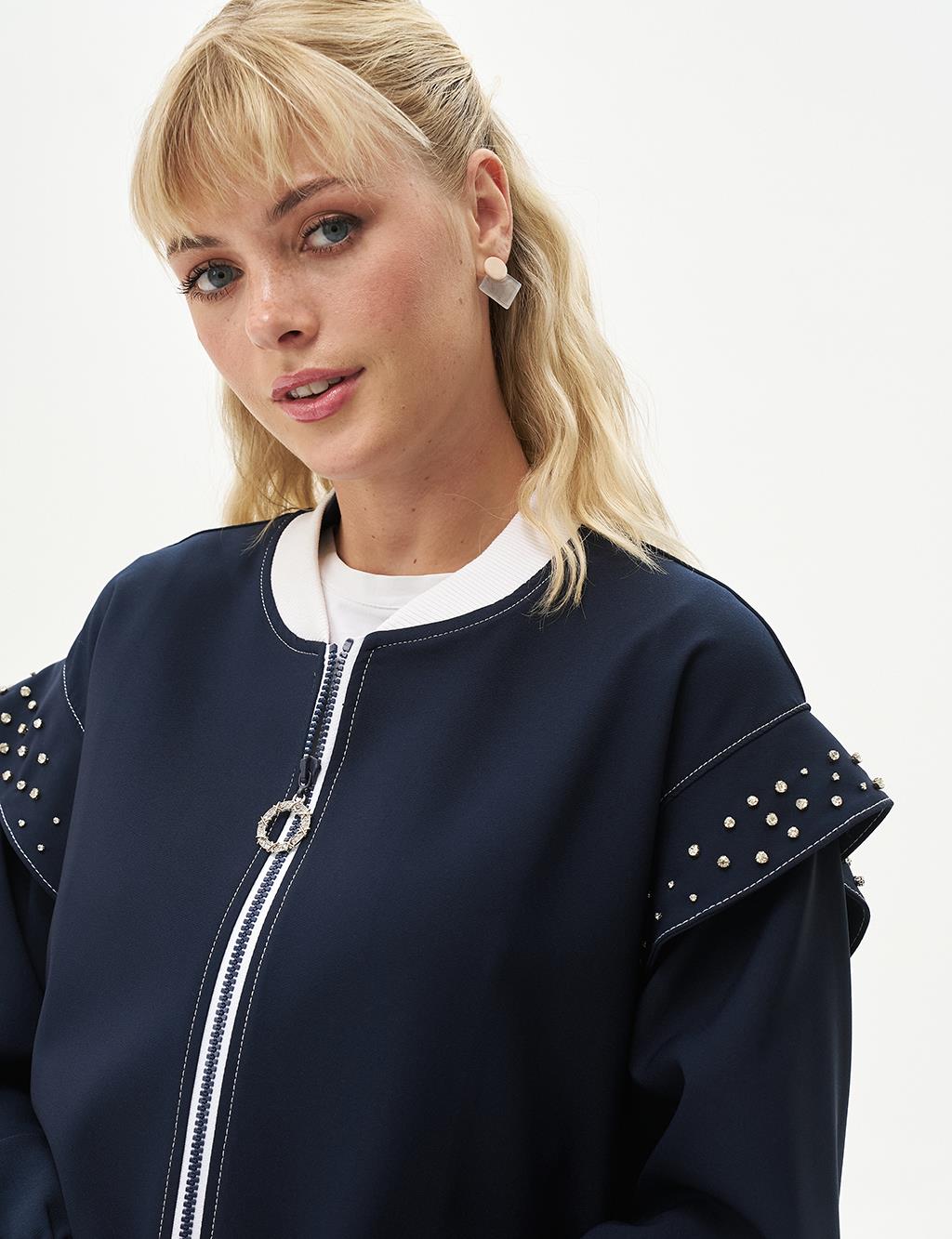 Ruffled Sleeve Stone Embellished Collegiate Jacket Dark Navy Blue