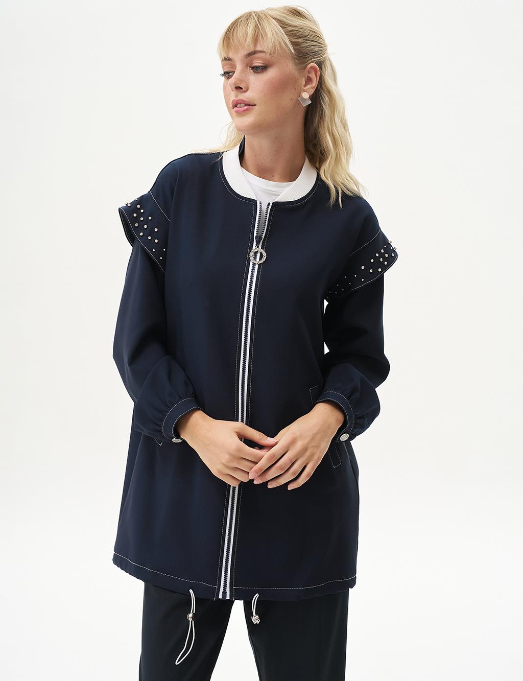 Ruffled Sleeve Stone Embellished Collegiate Jacket Dark Navy Blue