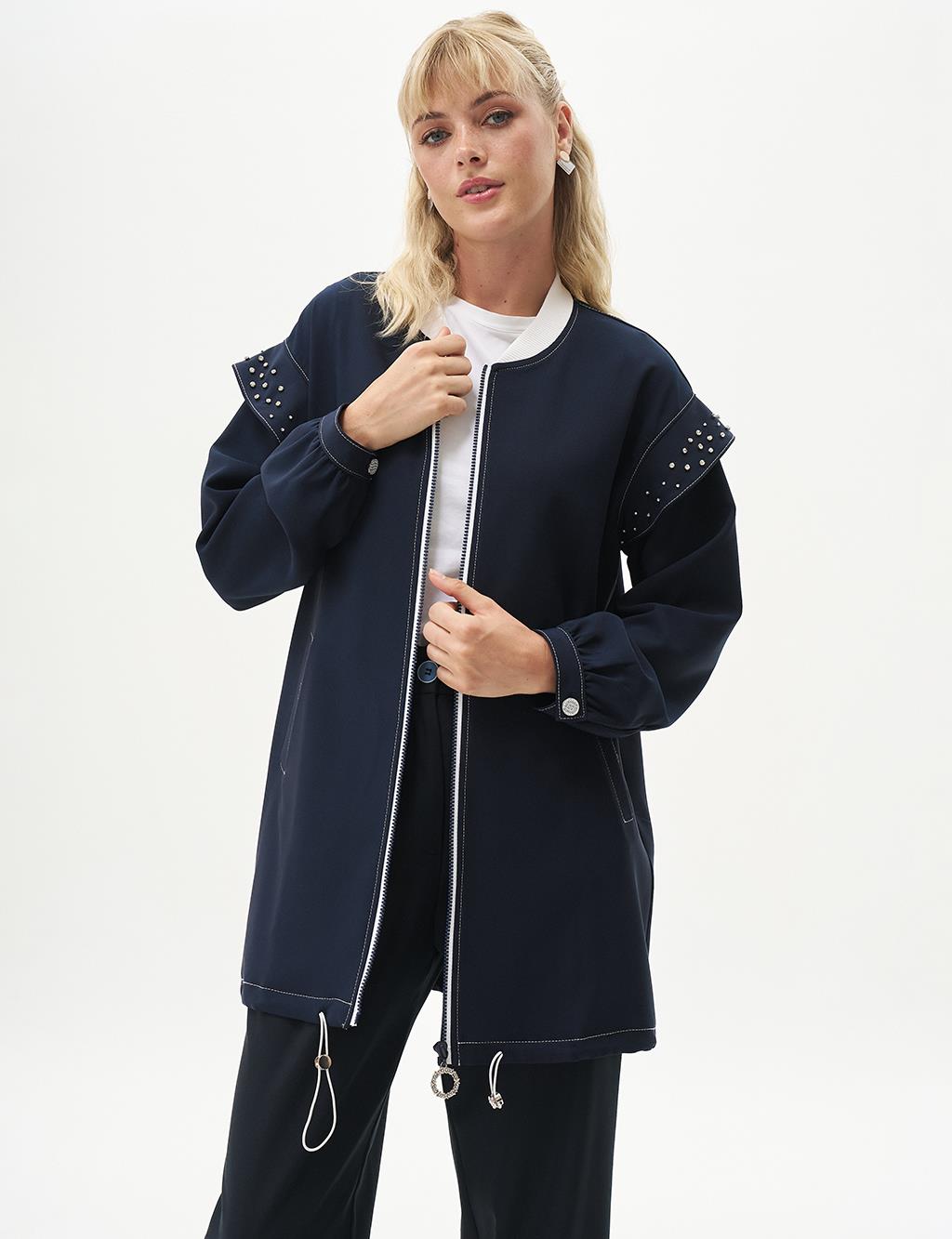 Ruffled Sleeve Stone Embellished Collegiate Jacket Dark Navy Blue