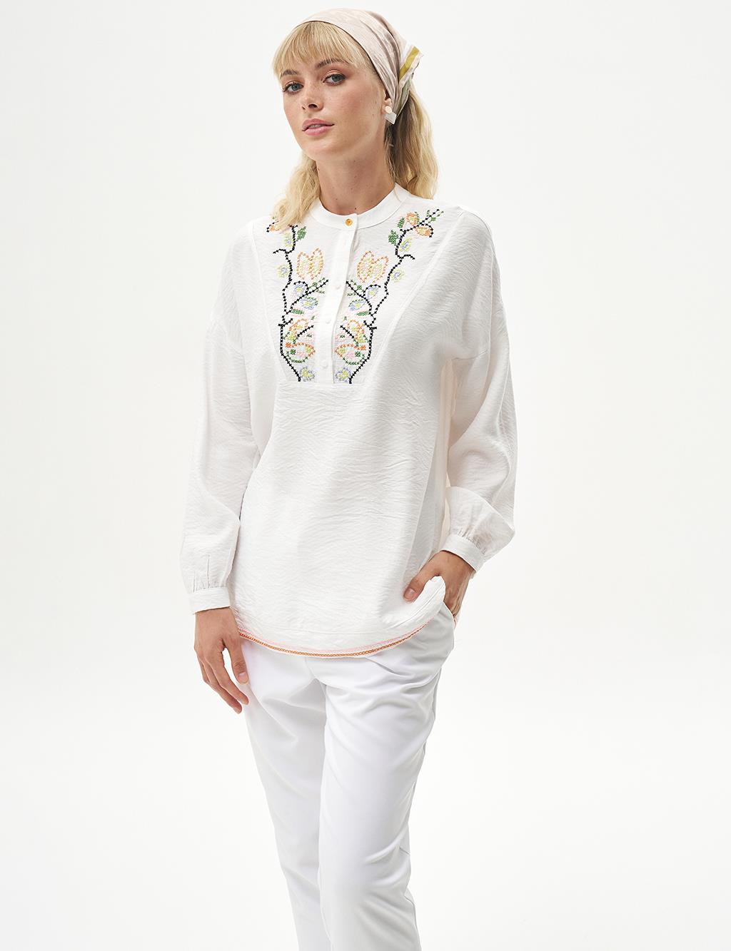 Embroidered Half Placket Blouse Optical White