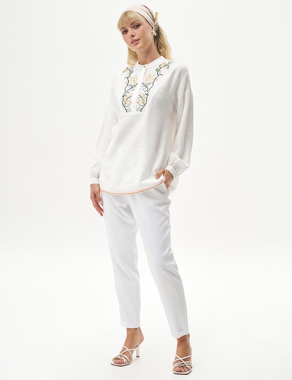 Embroidered Half Placket Blouse Optical White