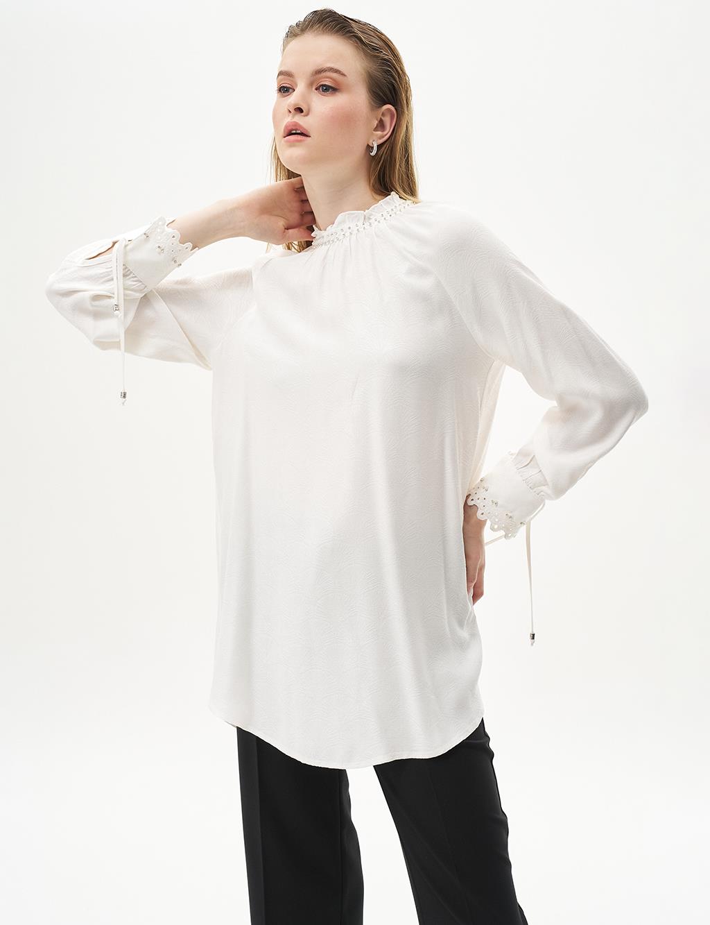 Ruffled Tunic with Jeweled Collar Optical White