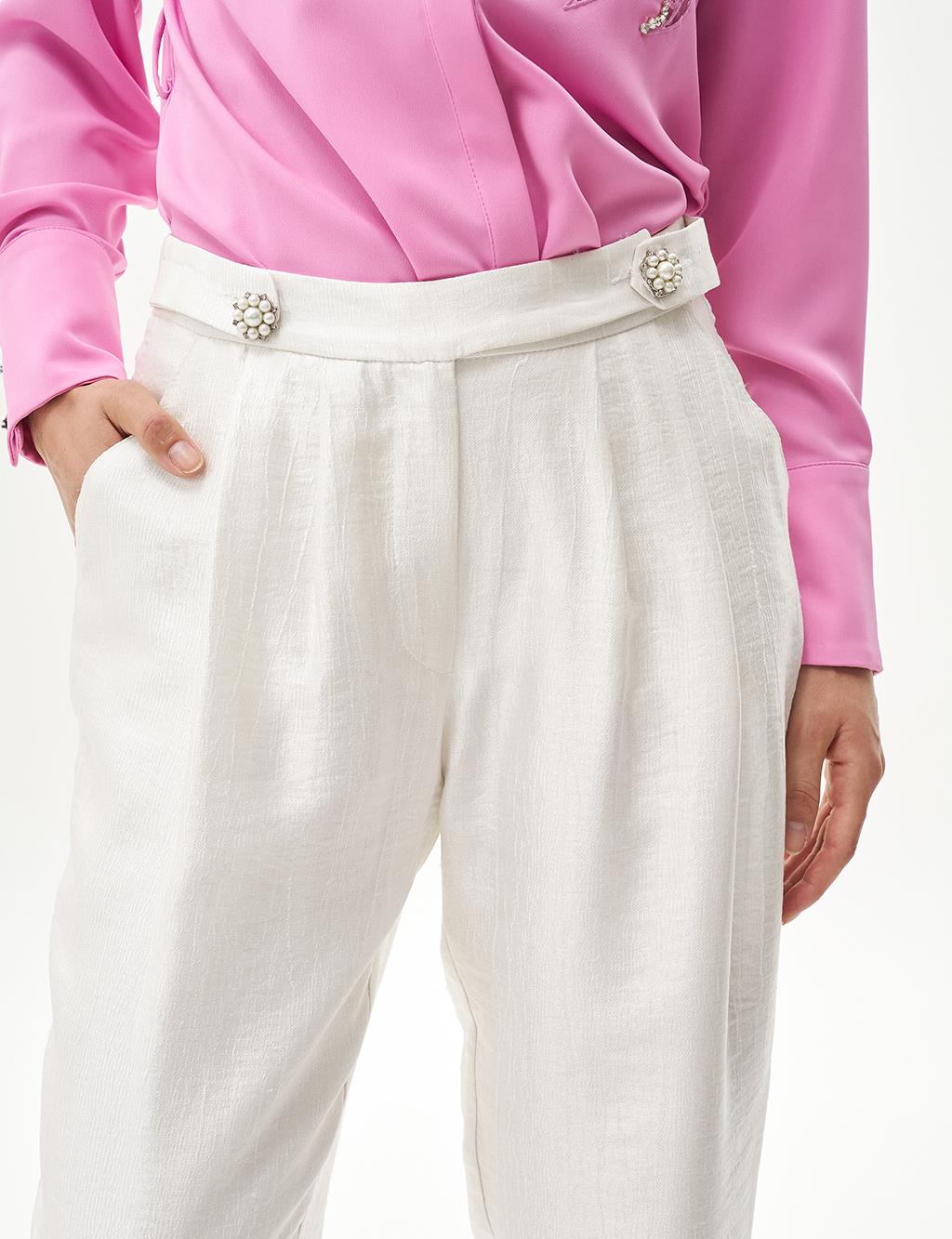 Button Detailed Jacquard Carrot Trousers Optical White