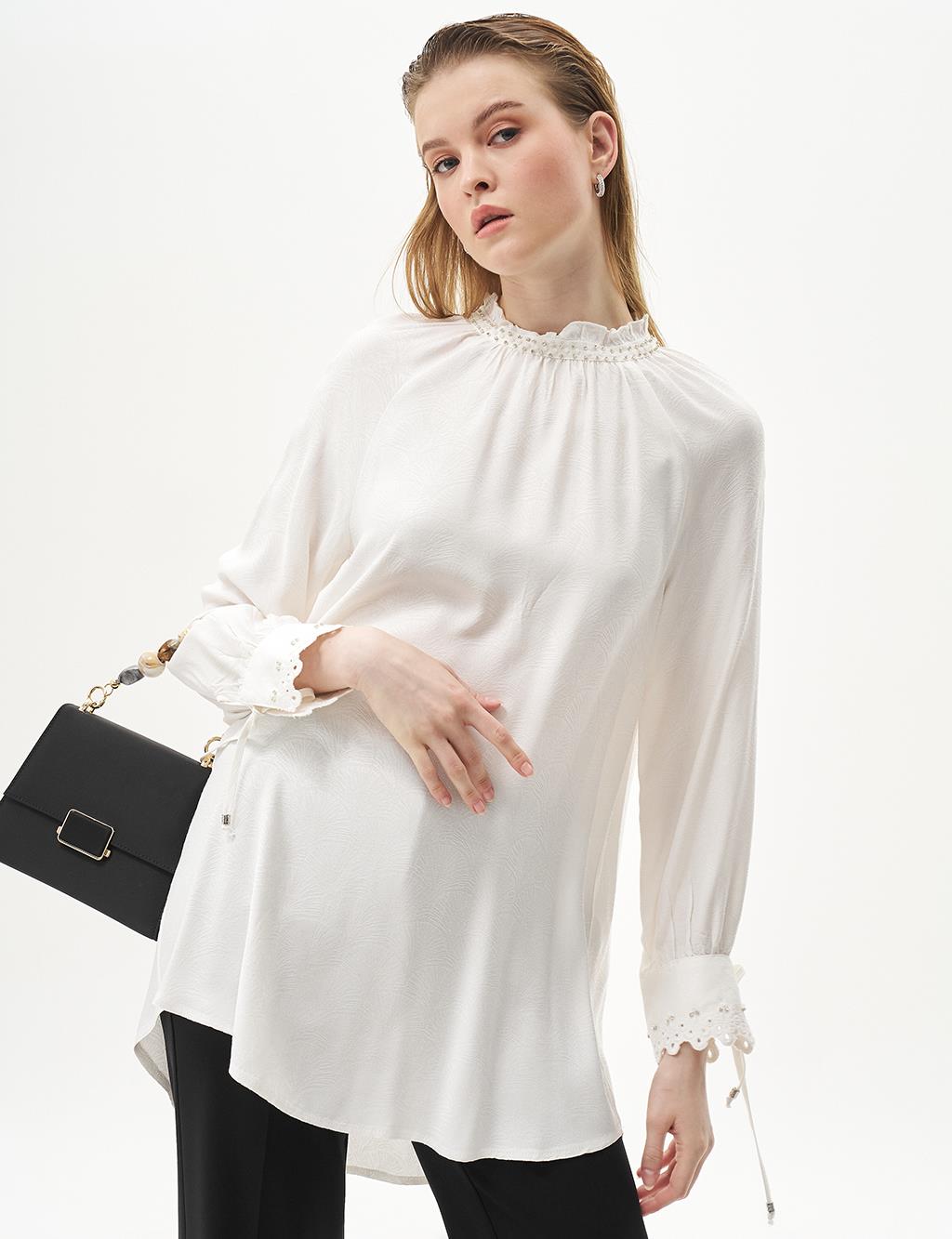 Ruffled Tunic with Jeweled Collar Optical White