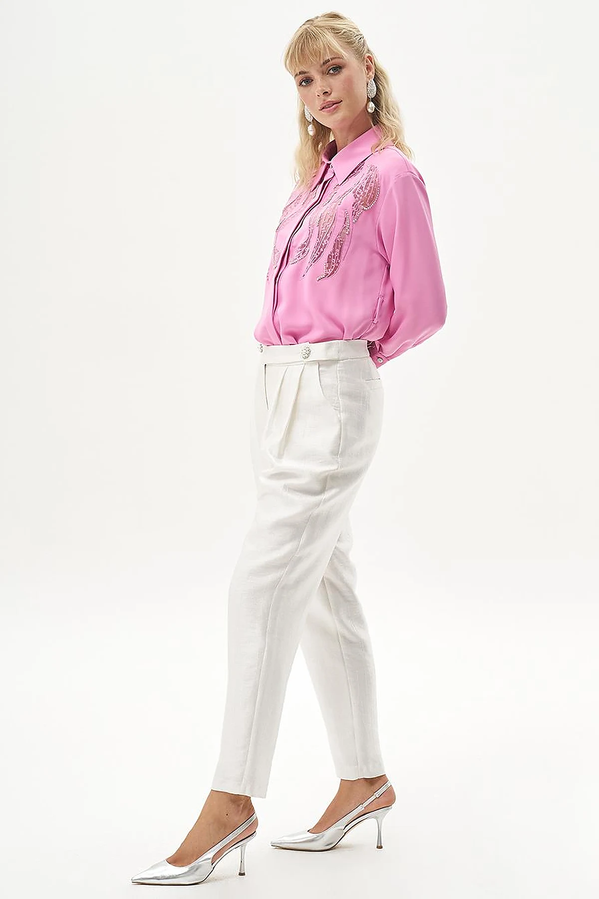 Button Detailed Jacquard Carrot Pants Optical White
