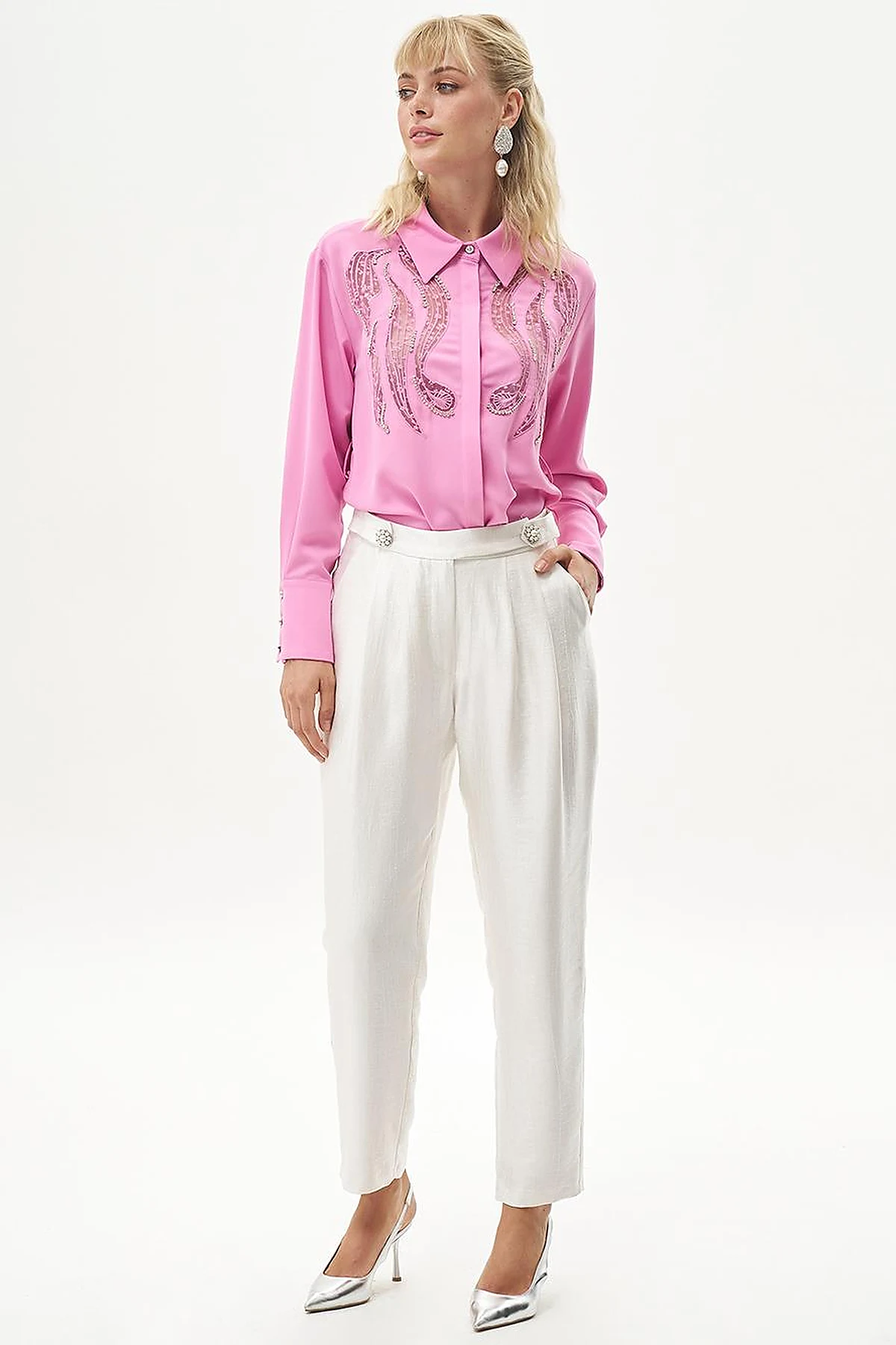 Button Detailed Jacquard Carrot Pants Optical White