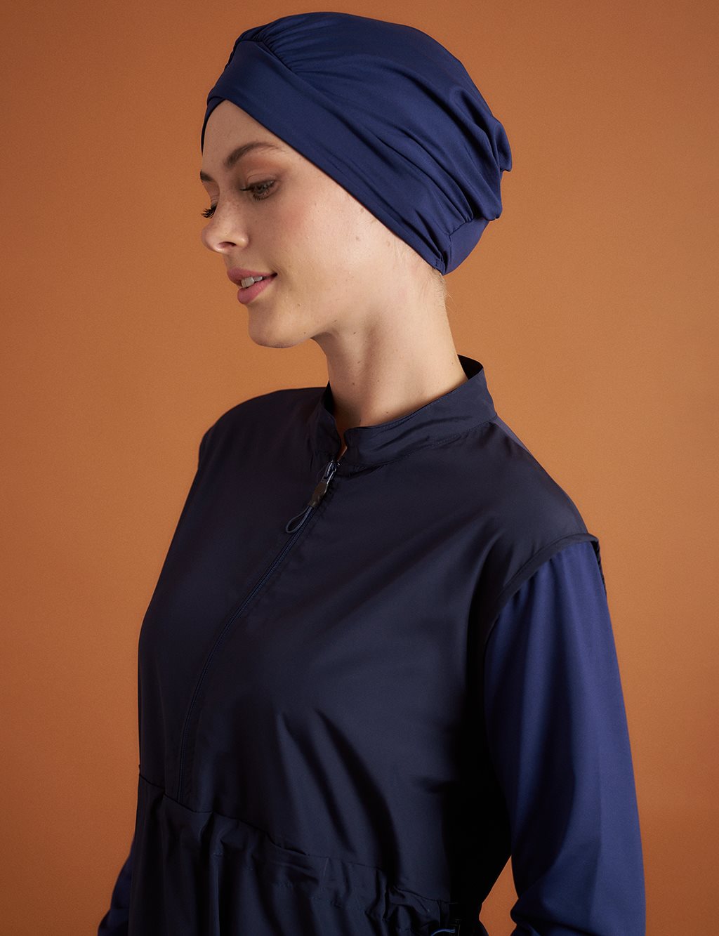 Waist Gathered Hijab Swimsuit Navy Blue