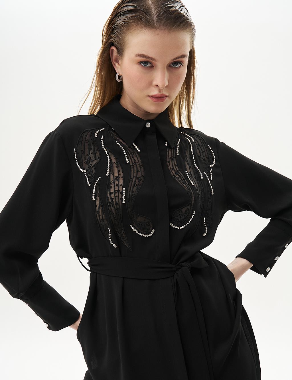 Embroidered Wide Cuff Tunic Black