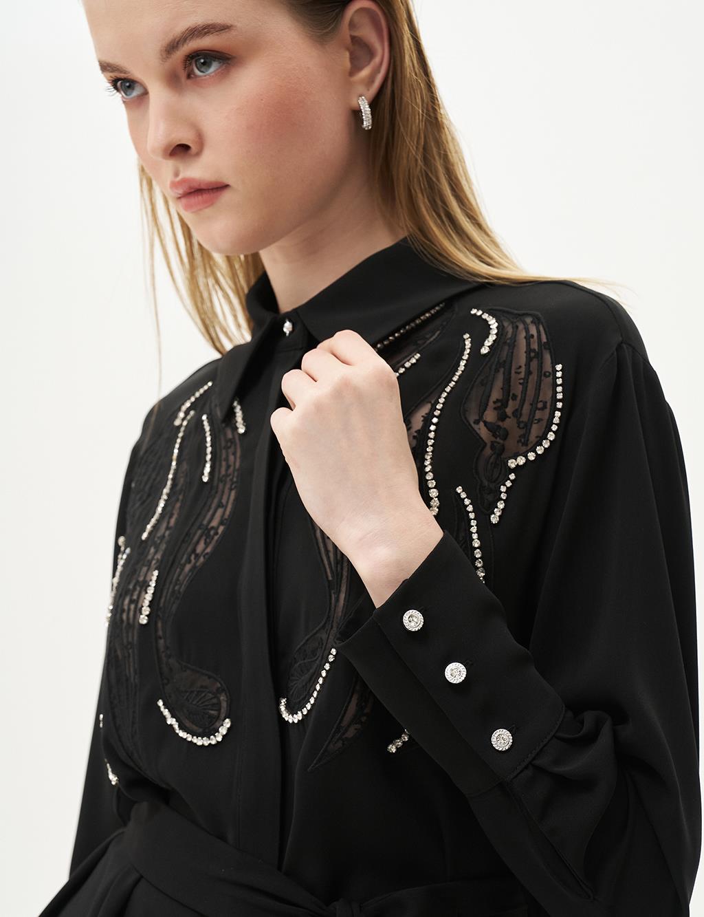 Embroidered Wide Cuff Tunic Black