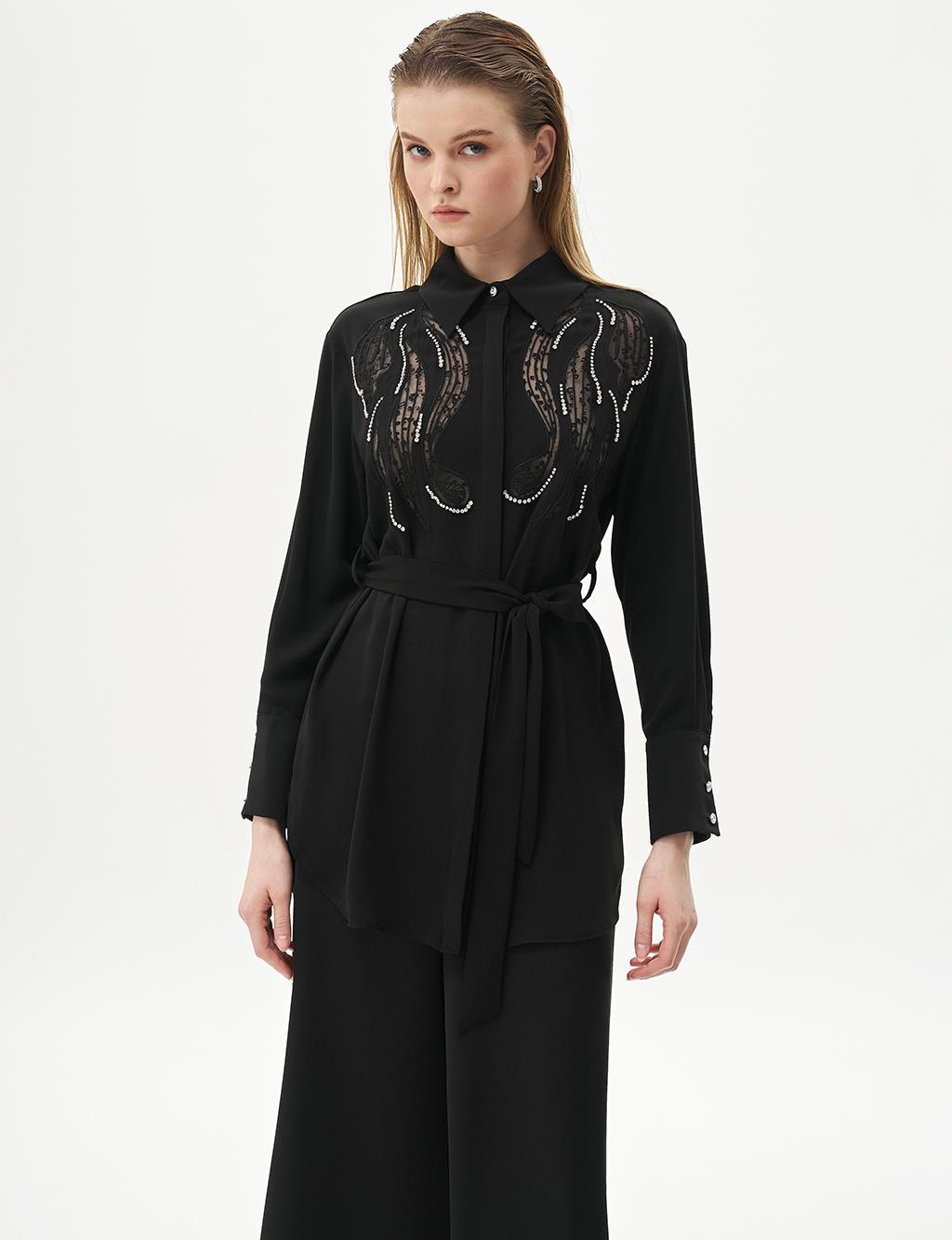 Embroidered Wide Cuff Tunic Black