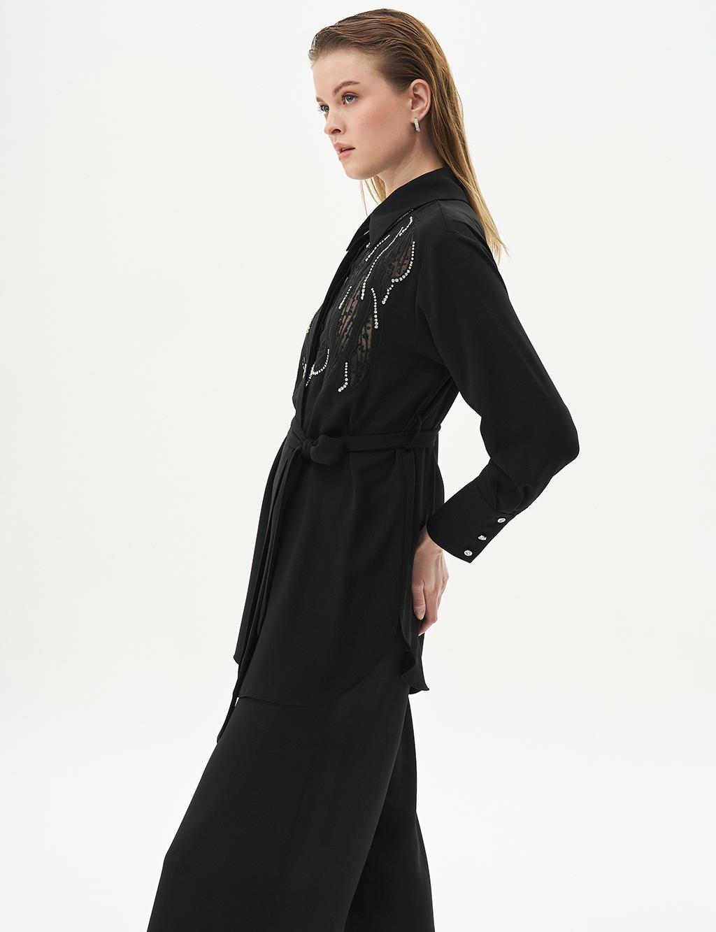 Embroidered Wide Cuff Tunic Black