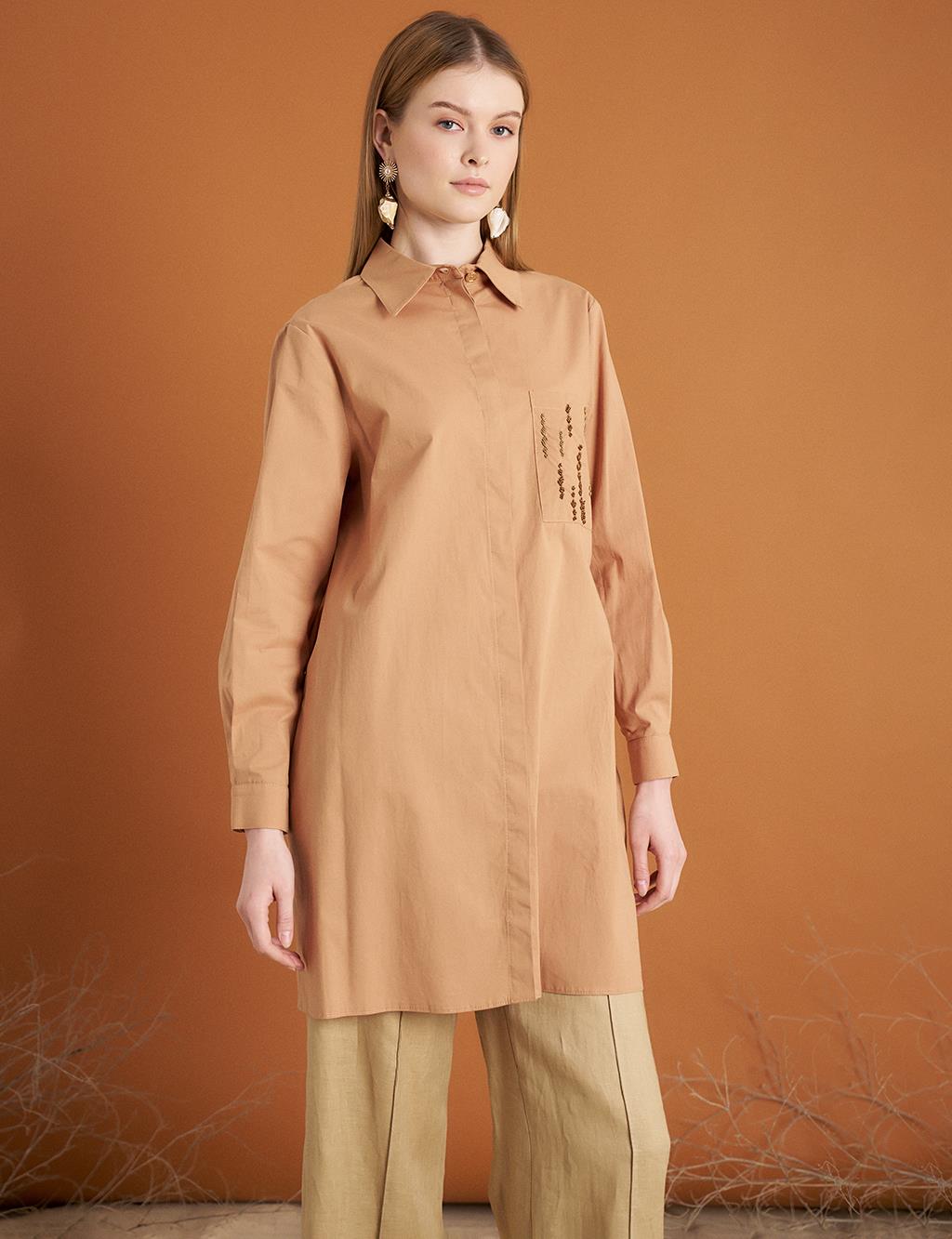 Nakış İşlemeli Poplin Tunik Camel