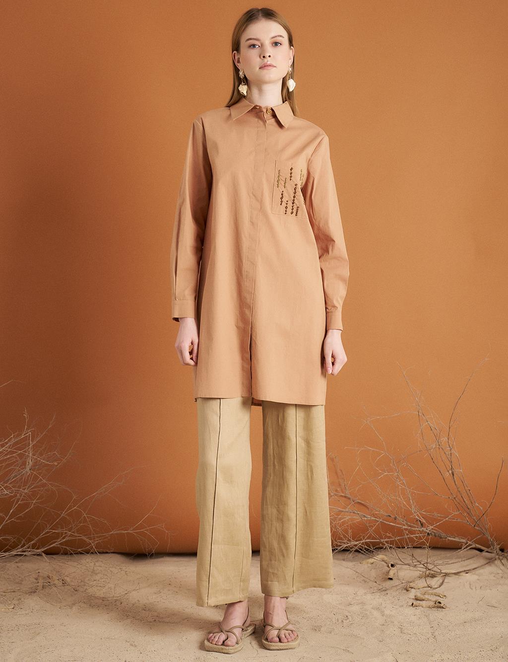 Nakış İşlemeli Poplin Tunik Camel