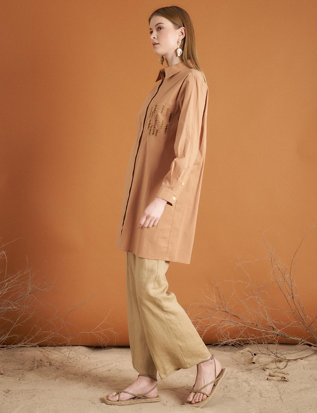 Nakış İşlemeli Poplin Tunik Camel