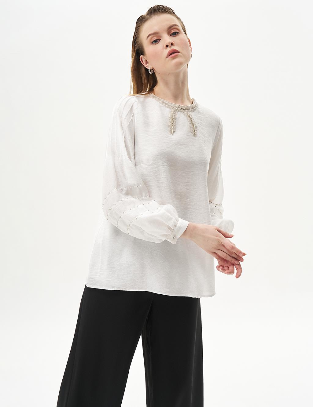 Bead Embroidered Blouse Optical White