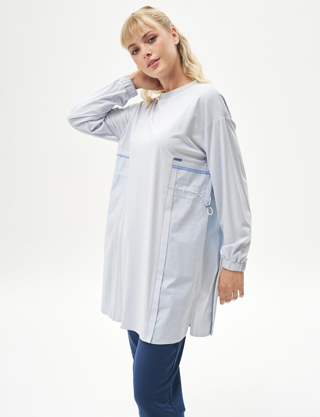 Elastic Waist Crew Neck Rayon Sweatshirt Blue