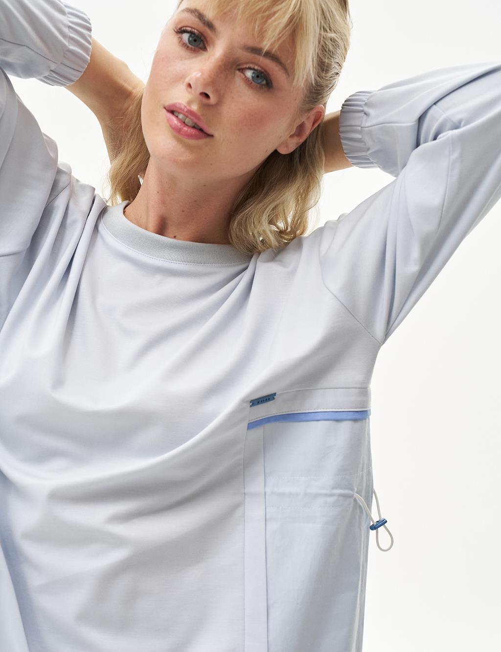 Elastic Waist Crew Neck Rayon Sweatshirt Blue