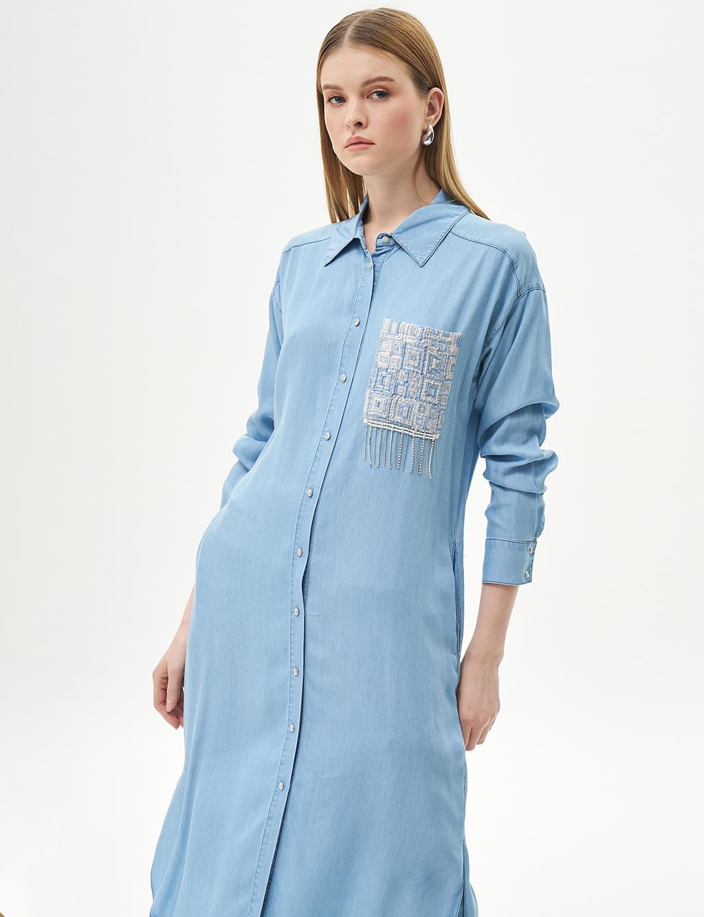 Stoned Fringe Detailed Lyocell Tunic Ice Blue