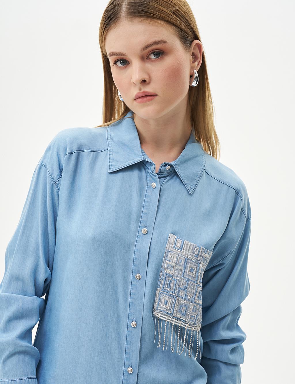 Stoned Fringe Detailed Lyocell Tunic Ice Blue