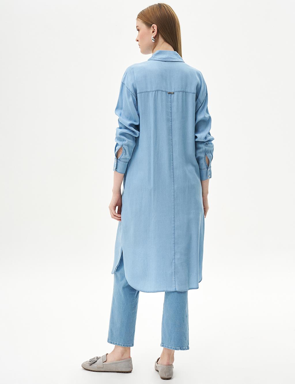 Stoned Fringe Detailed Lyocell Tunic Ice Blue