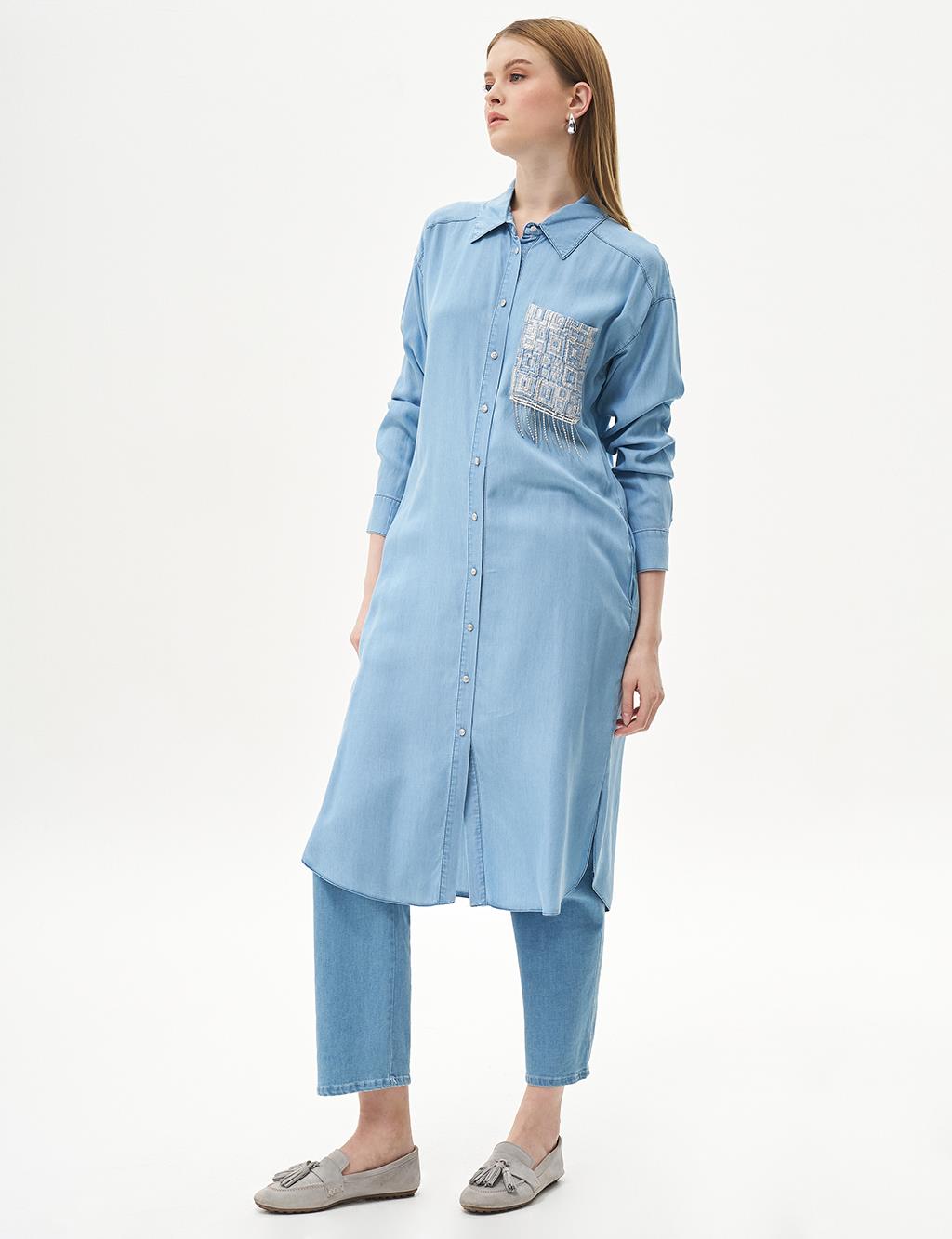 Stoned Fringe Detailed Lyocell Tunic Ice Blue