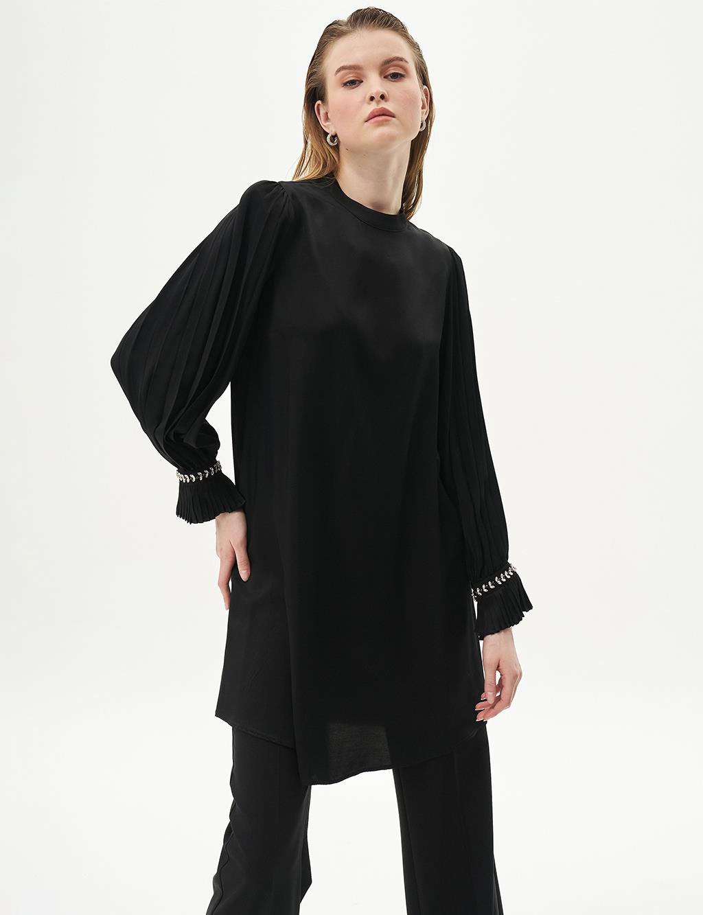 Pleated Cuff Satin Tunic Black