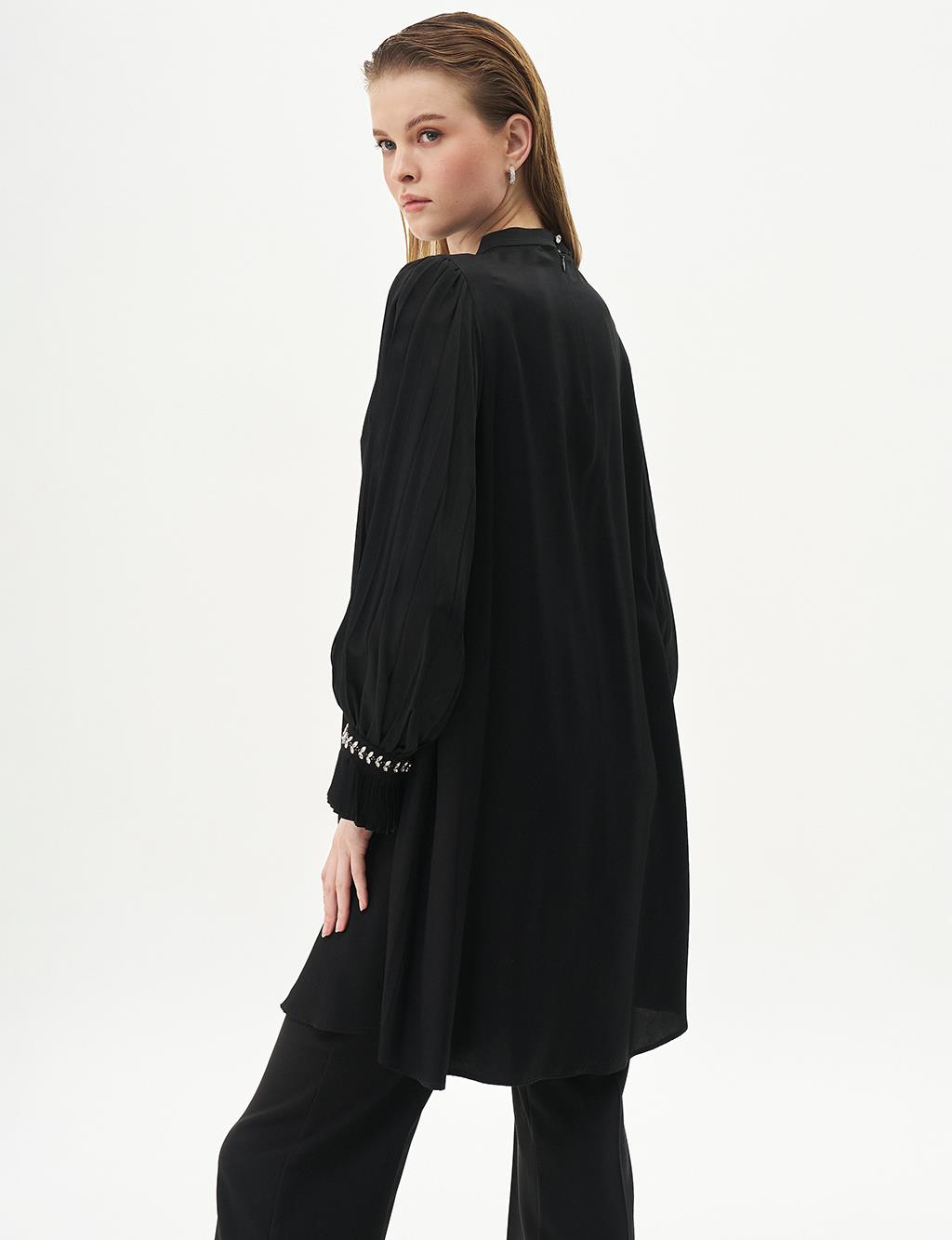 Pleated Cuff Satin Tunic Black