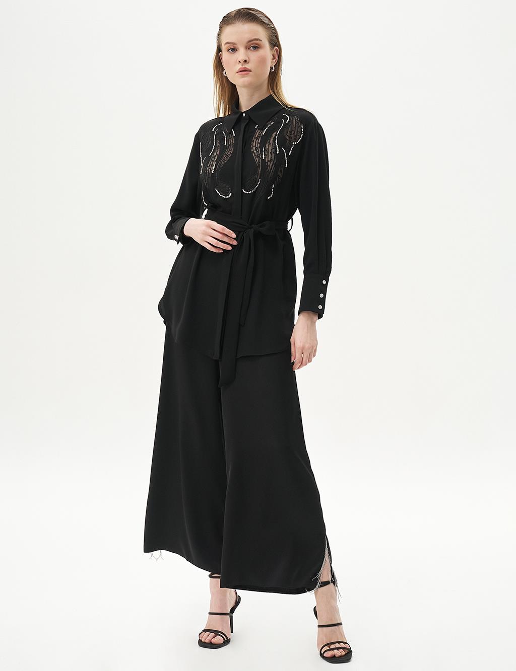 Embroidered Wide Cuff Tunic Black