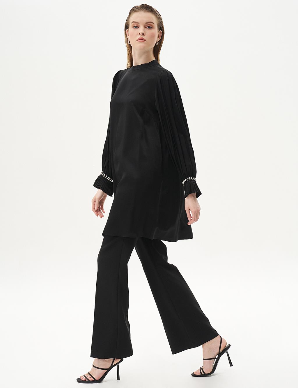 Pleated Cuff Satin Tunic Black