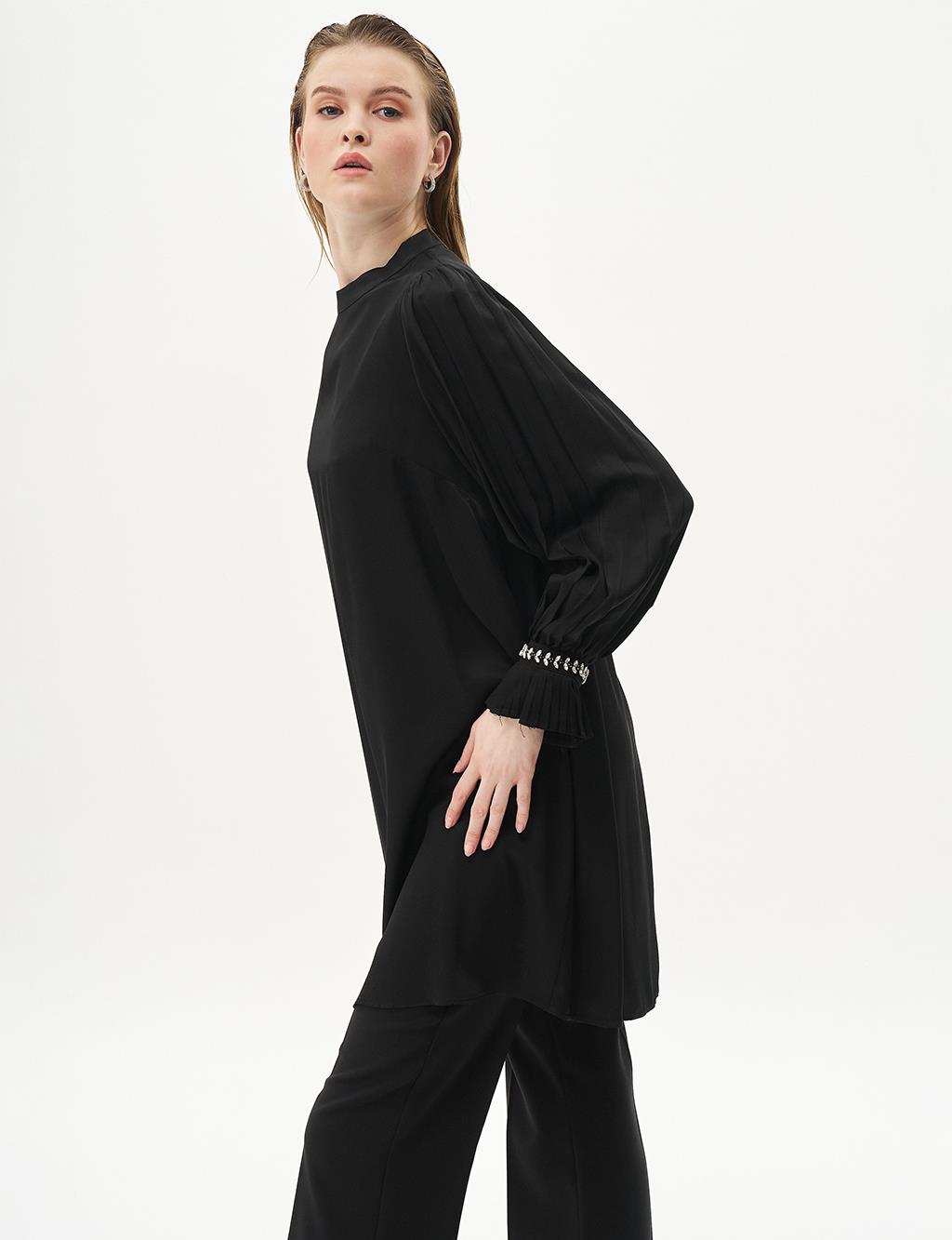 Pleated Cuff Satin Tunic Black