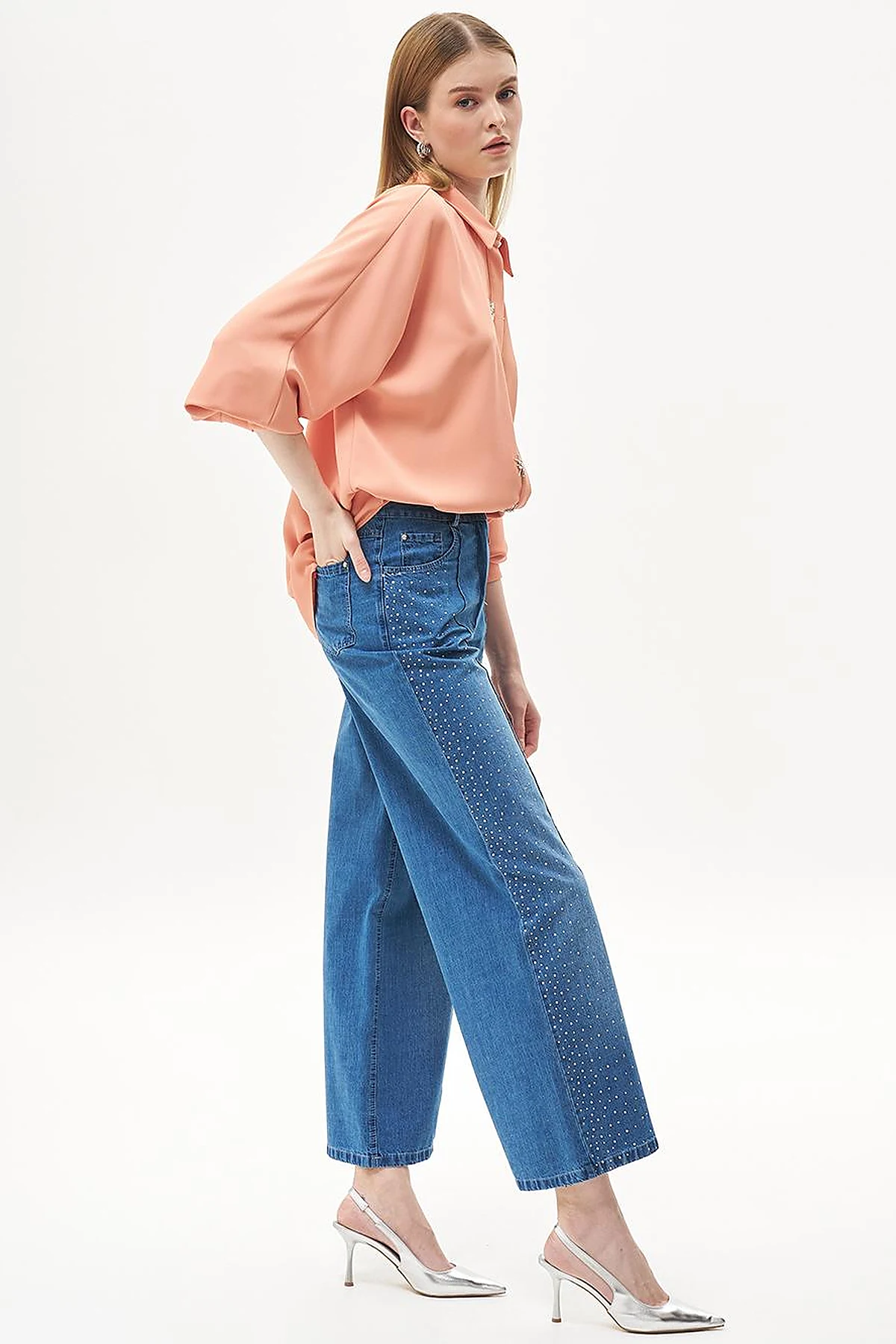 Geniş Paça Taşlı Denim Pantolon Mavi 