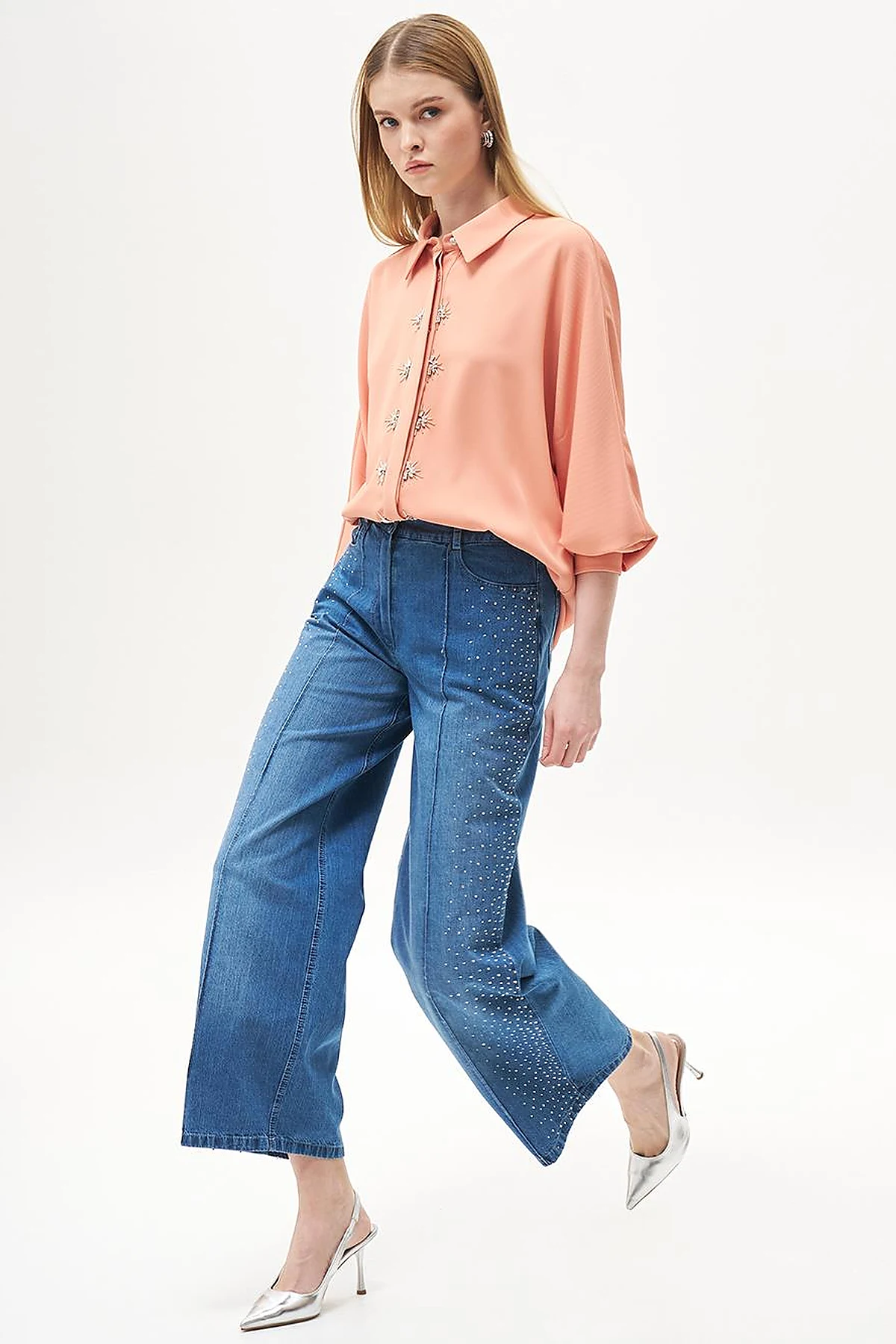 Geniş Paça Taşlı Denim Pantolon Mavi 
