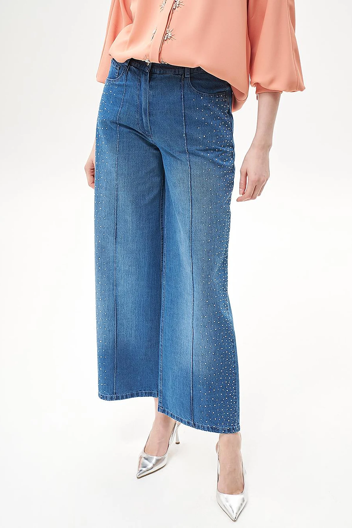 Geniş Paça Taşlı Denim Pantolon Mavi 