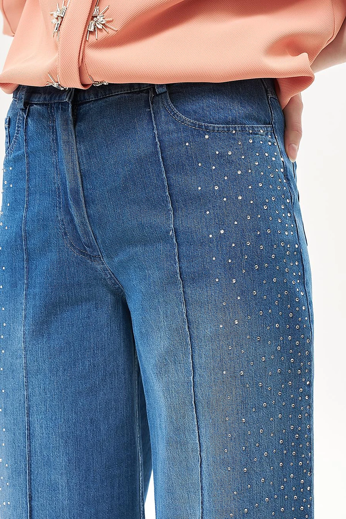 Geniş Paça Taşlı Denim Pantolon Mavi 