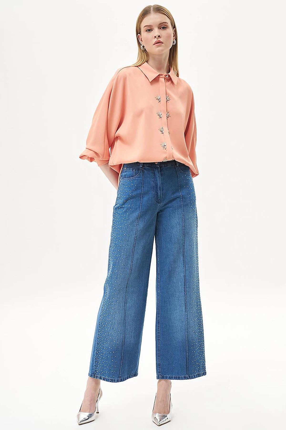 Geniş Paça Taşlı Denim Pantolon Mavi 