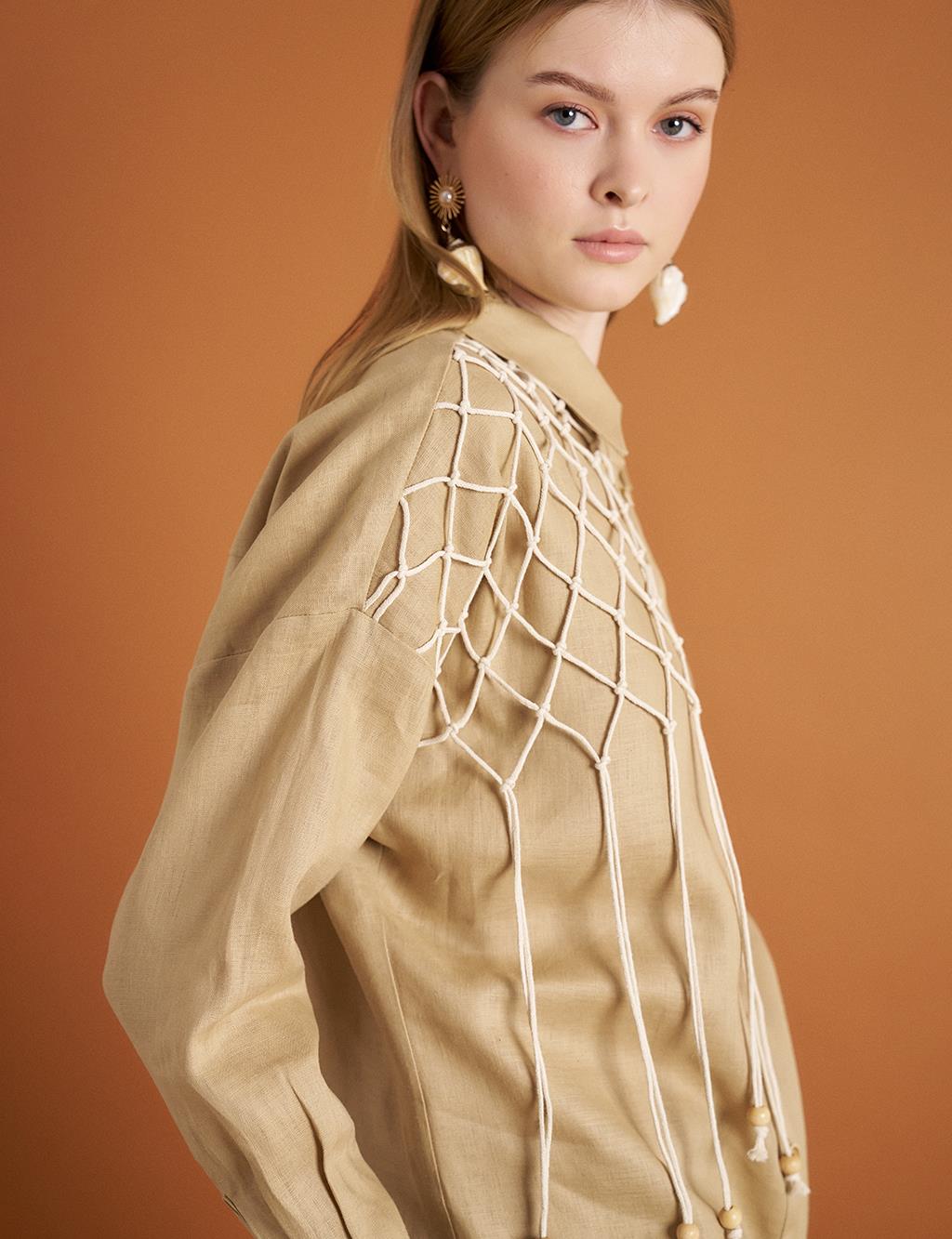Lace Detailed Linen Tunic Beige