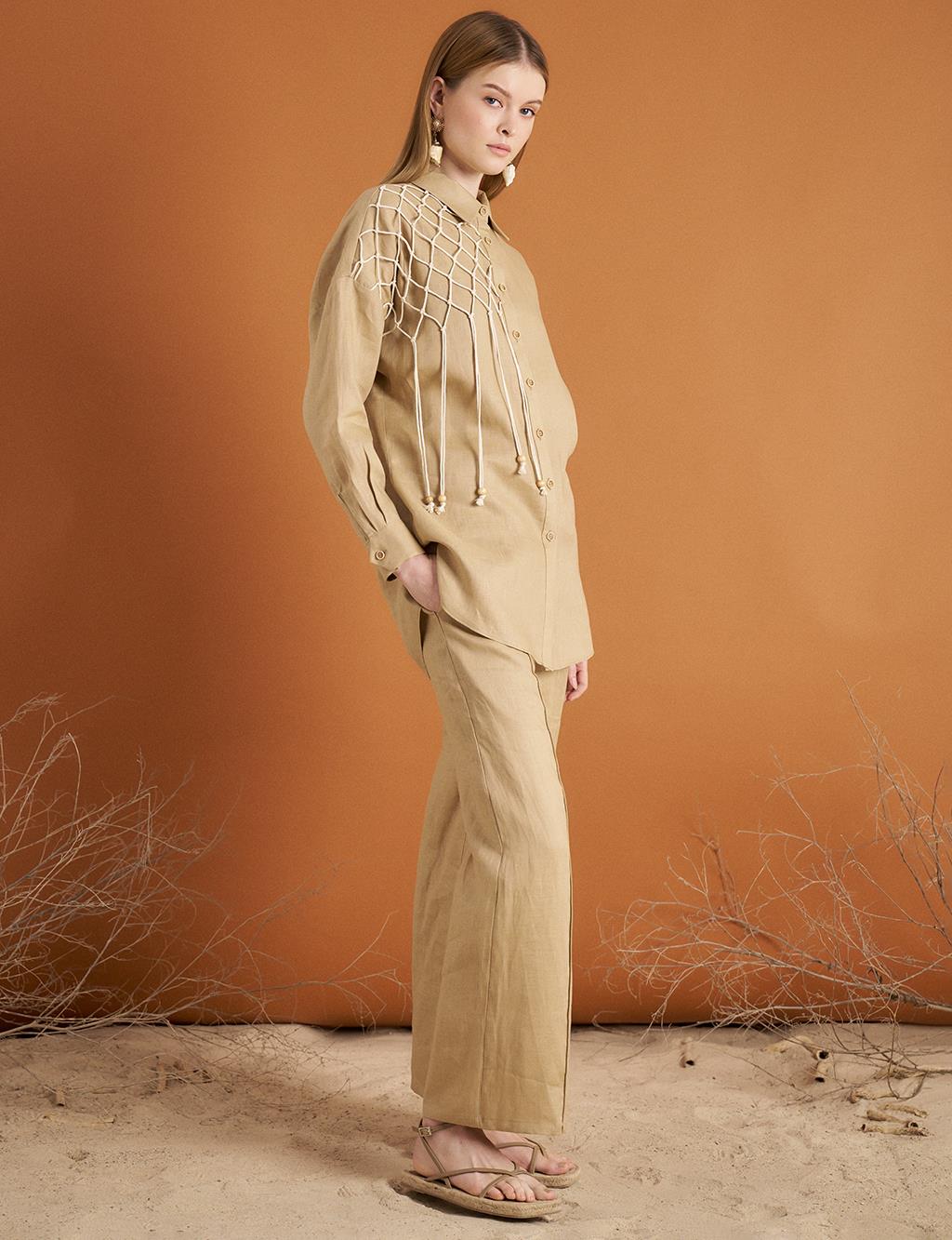 Lace Detailed Linen Tunic Beige