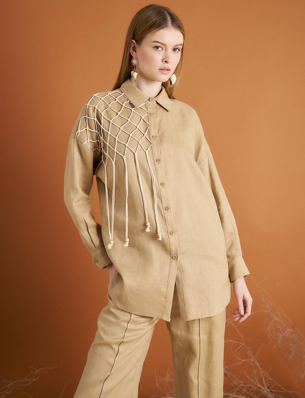 Lace Detailed Linen Tunic Beige