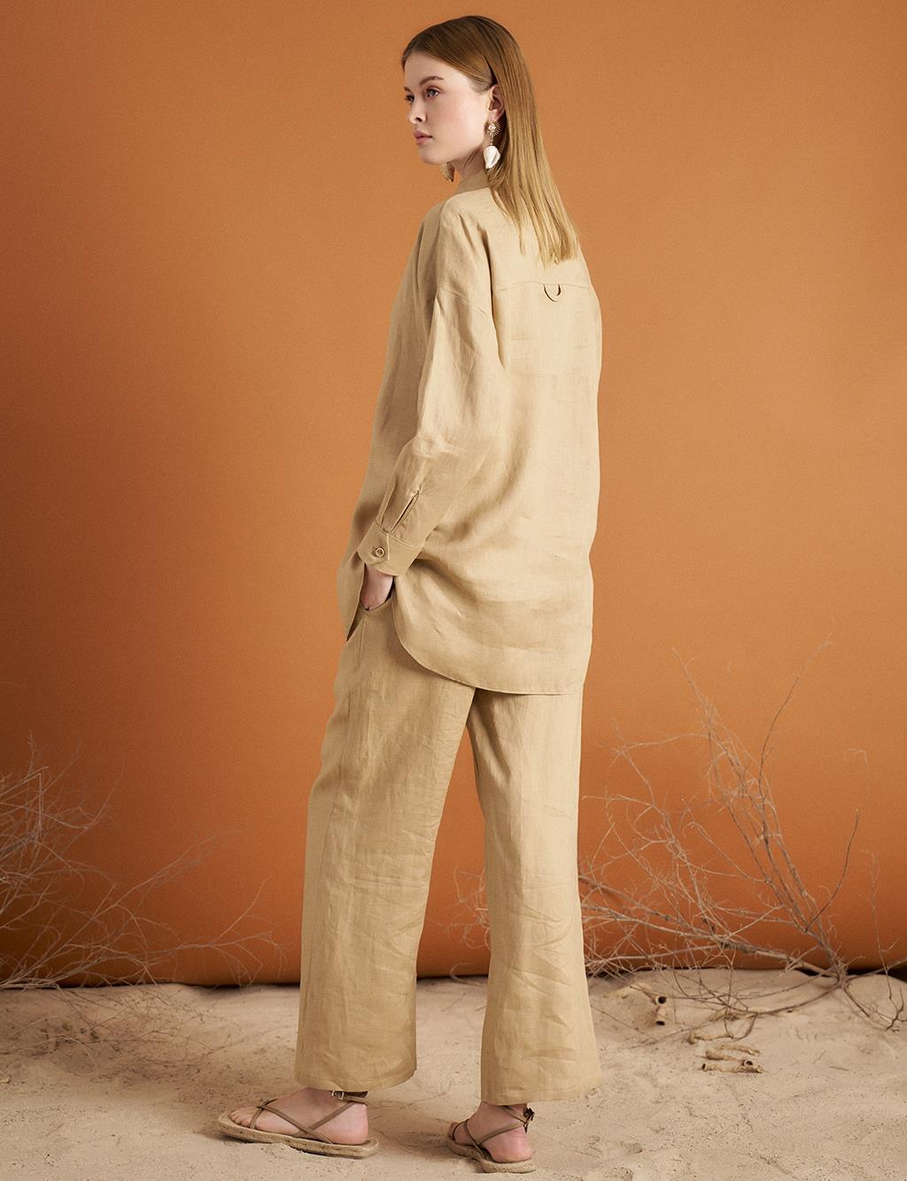 Lace Detailed Linen Tunic Beige