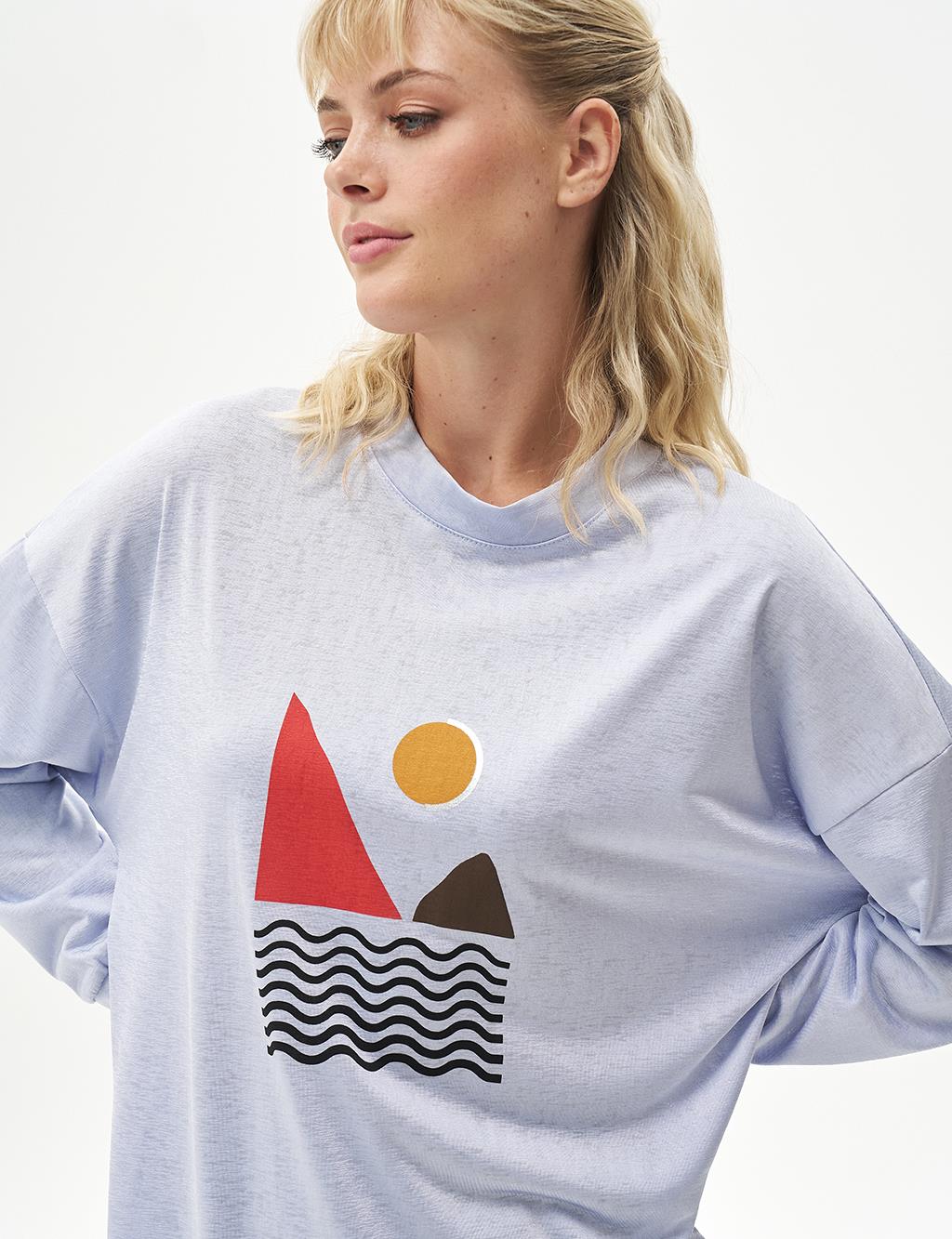 Geometrik Desenli Sweatshirt Mavi