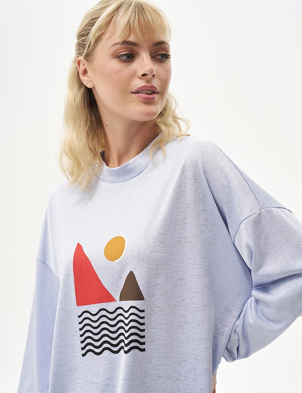 Geometrik Desenli Sweatshirt Mavi